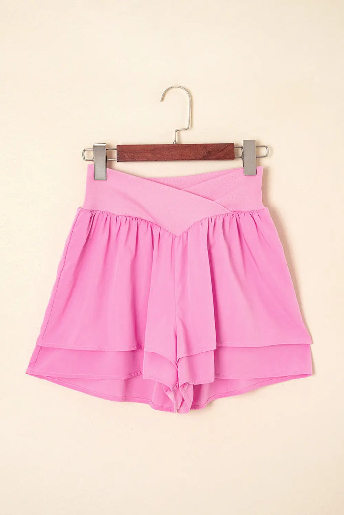 Bright Pink Crossed Waist Tiered Flowy Shorts - Bottoms/Casual