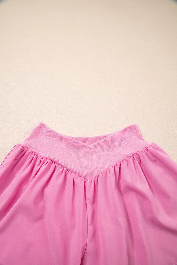Bright Pink Crossed Waist Tiered Flowy Shorts - Bottoms/Casual