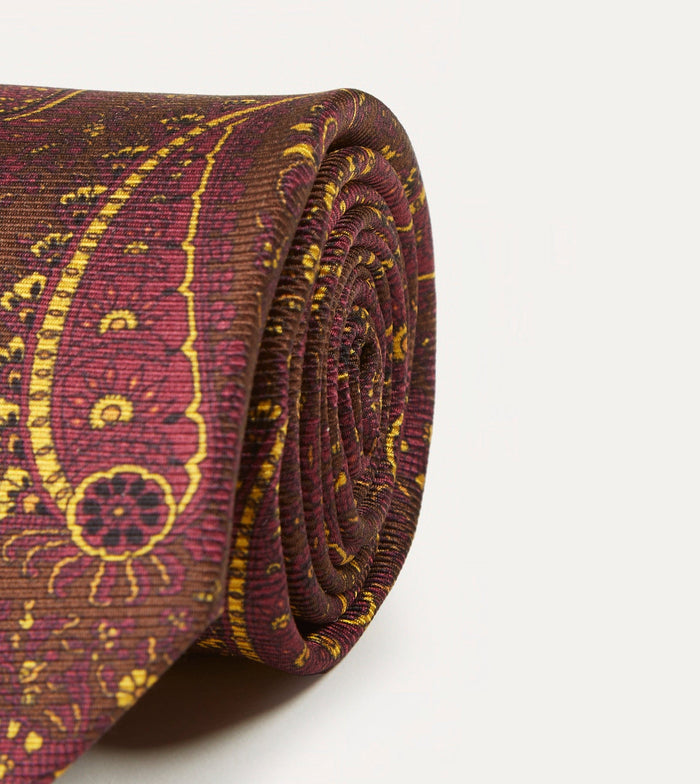 Brown, Red and Yellow Paisley Print Madder Twill Silk Tie