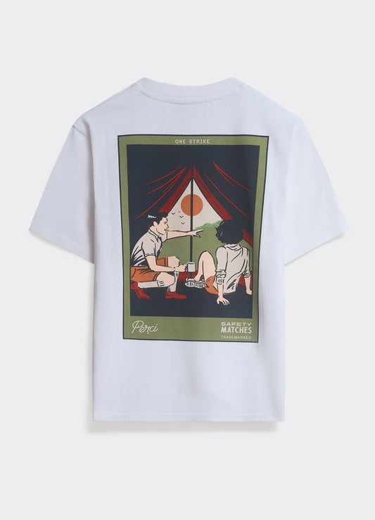 Back of the Percival Camping T Shirt in optic white, featuring a vintage matchbox-style graphic on soft jersey.