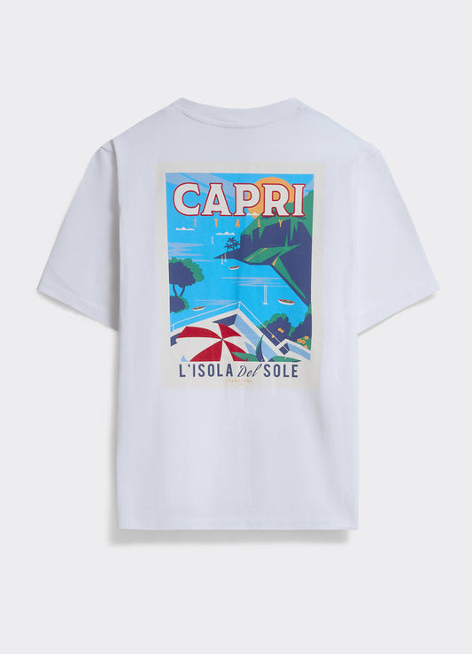 The Percival Capri T Shirt in optic white cotton jersey, featuring a vibrant travel poster graphic on the back.