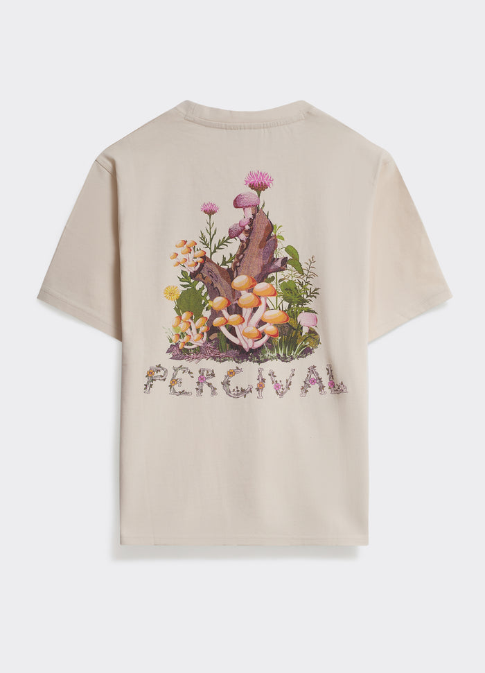 The Percival Champignons T-Shirt in cream, featuring a large mushroom and woodland graphic on the back.