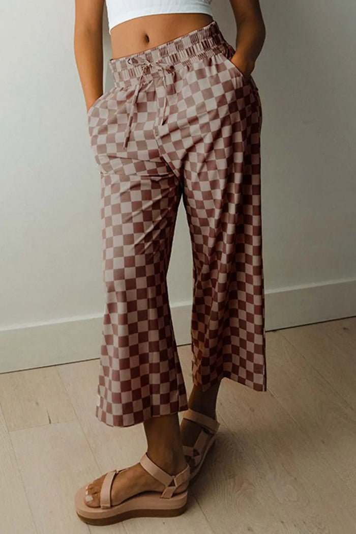 Checkered Elastic High Waist Loose Casual Trousers - Khaki / S / 92% Polyester + 8% Elastane - Bottoms/Pants & Culotte