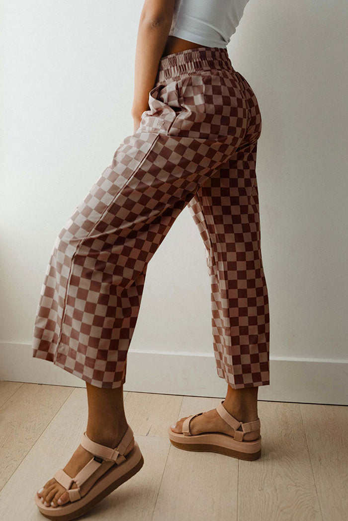 Checkered Elastic High Waist Loose Casual Trousers - Bottoms/Pants & Culotte