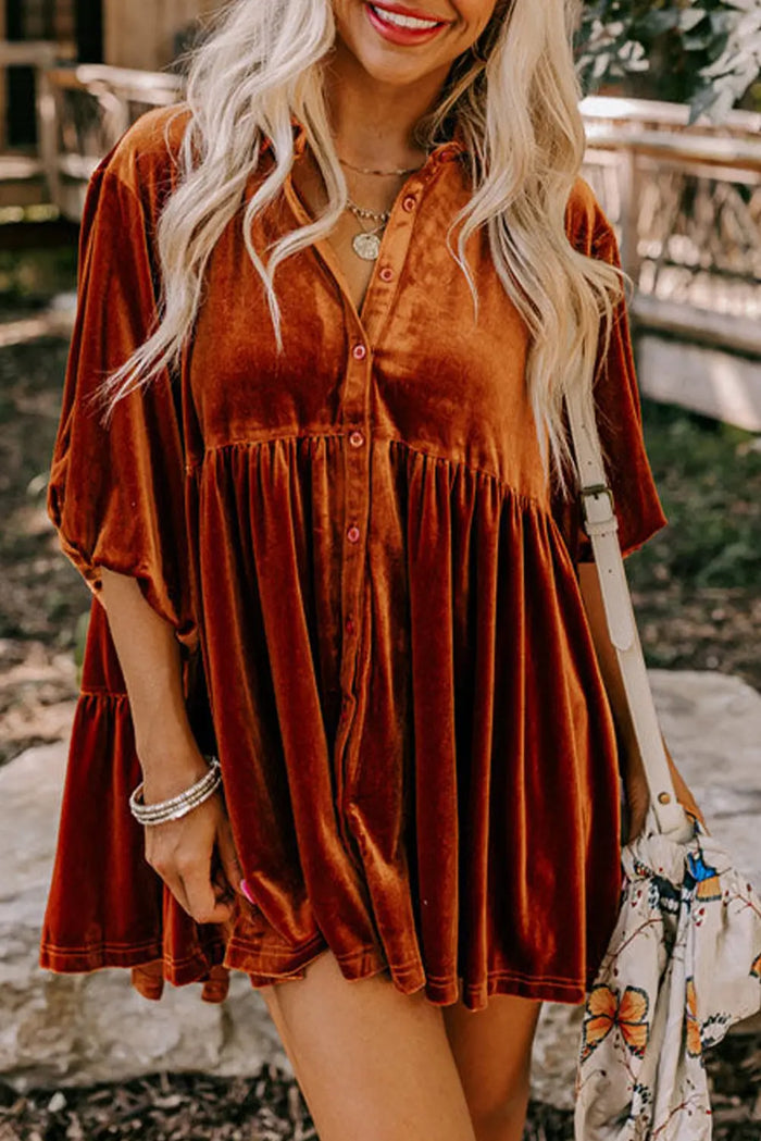 Chestnut 3/4 Sleeve Tunic Babydoll Velvet Shirt - S / 95% Polyester + 5% Elastane - Tops/Blouses & Shirts