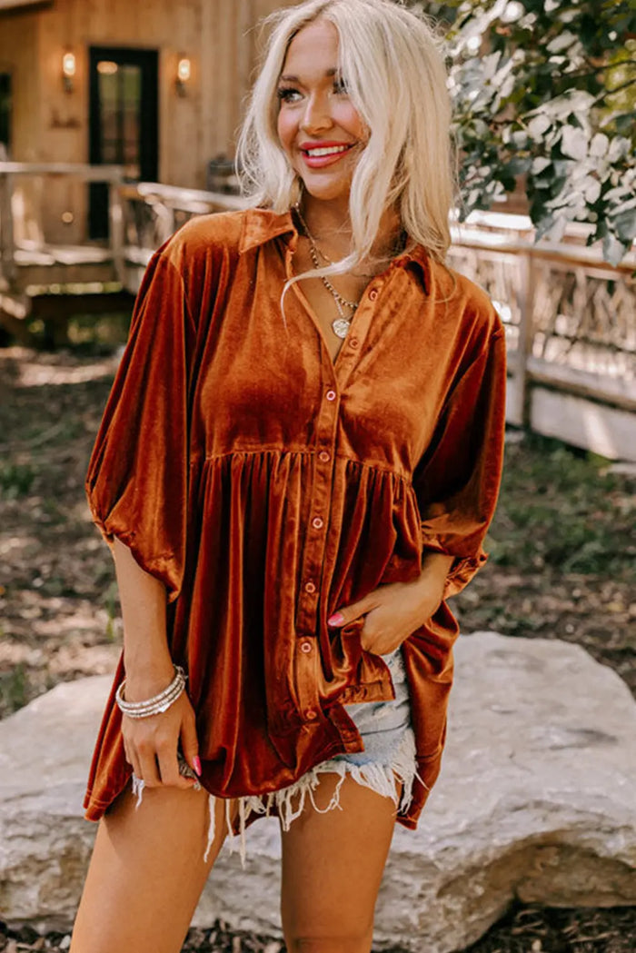 Chestnut 3/4 Sleeve Tunic Babydoll Velvet Shirt - Tops/Blouses & Shirts