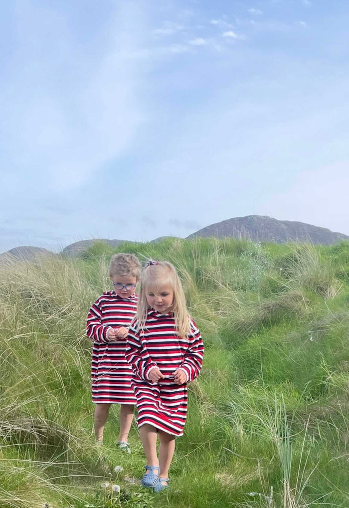 Childrens Striped Towelling Hooded Beach Robe | Red, White & Blue