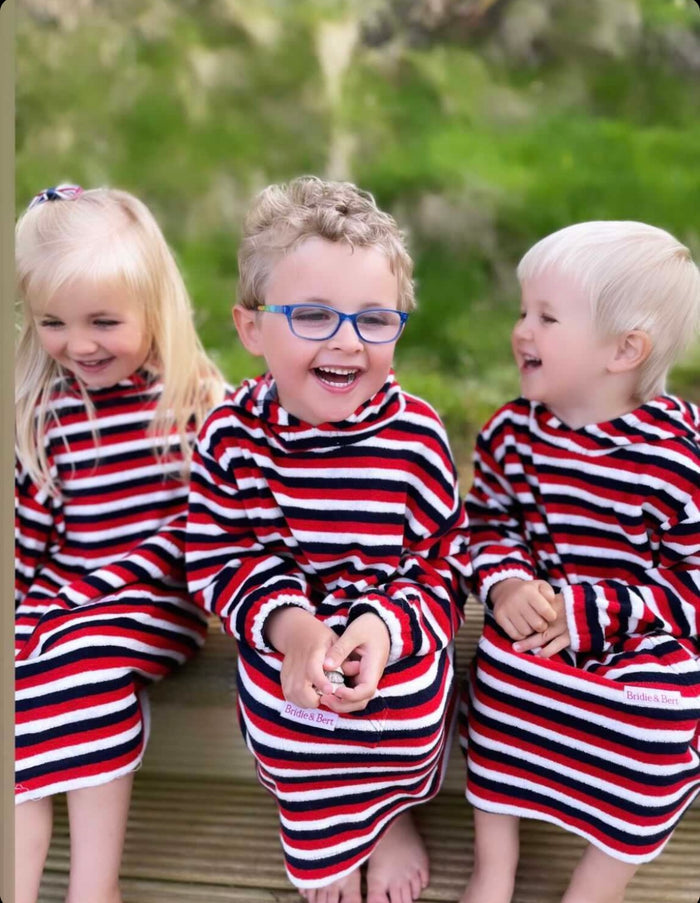 Childrens Striped Towelling Hooded Beach Robe | Red, White & Blue