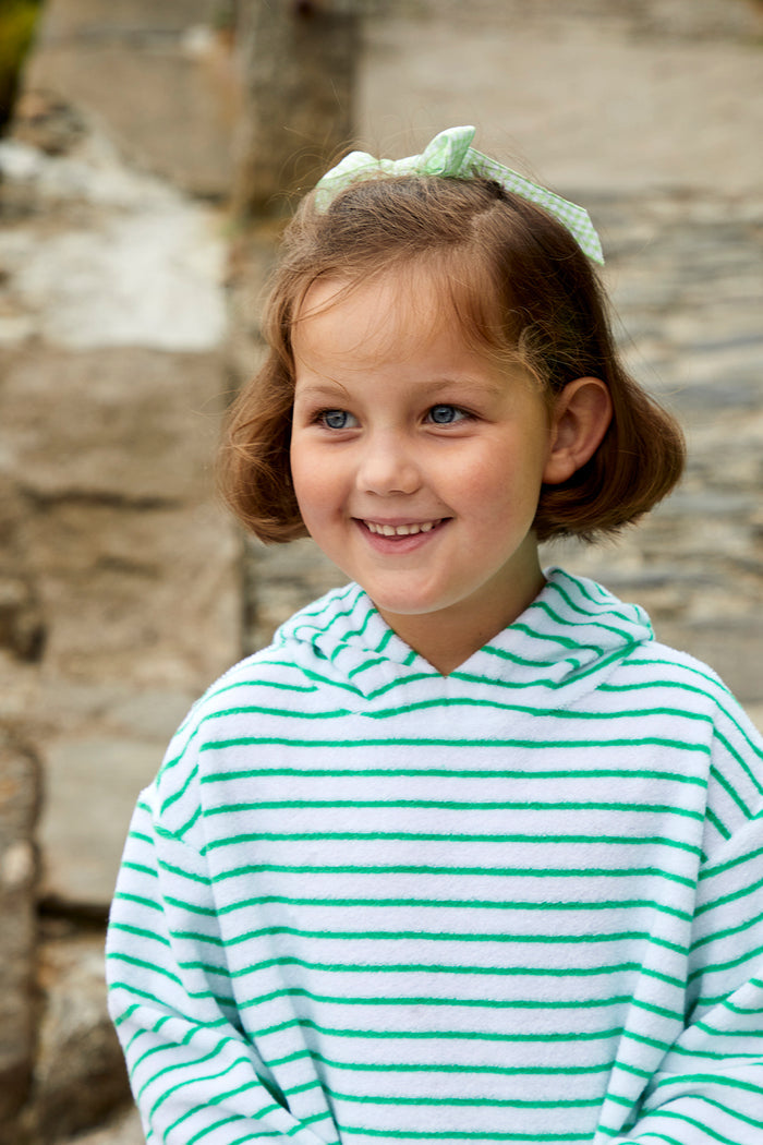 Childrens Striped Towelling Hooded Beach Robe | White & Apple