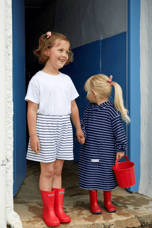 Childrens Striped Towelling Shorts | White & Marine