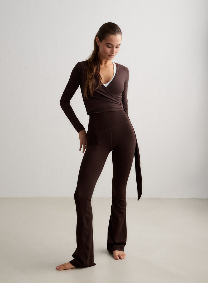 Chocolate high-waisted Sense Flare Petite Tights and matching wrap top from aim'n [S-174cm]