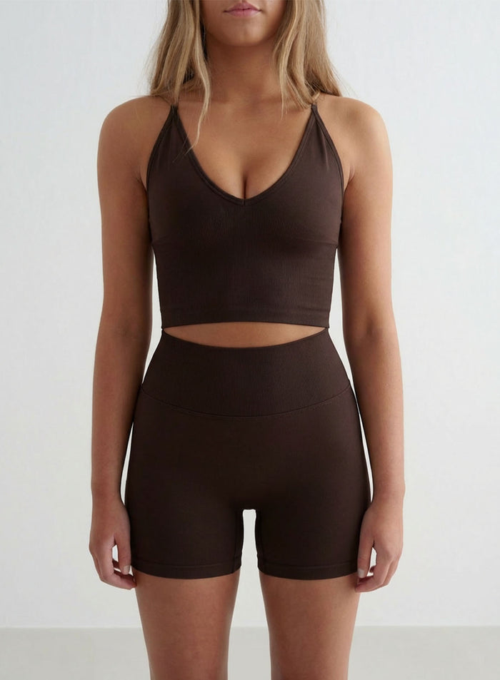 Chocolate brown aim'n Shape Seamless Hotpants with a high ribbed waistband. [S_175_cm]