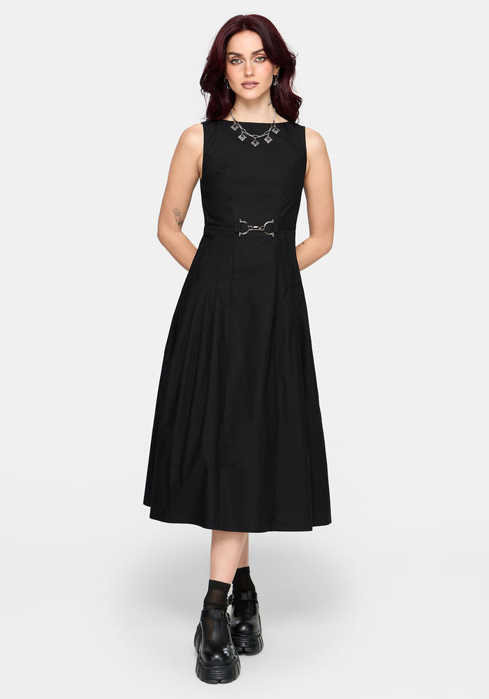 Cissa Buckle Front Pleated Midi Dress