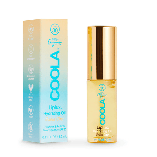 Classic Liplux® Organic Hydrating Lip Oil Sunscreen SPF 30 by Live Love Spa in a clear bottle with golden oil and matching box, offering organic skincare with broad spectrum protection.