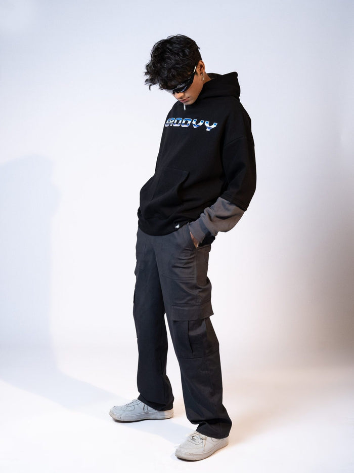 Black Colorblock Hoodie Male Model Front View – GROOVY Pakistan