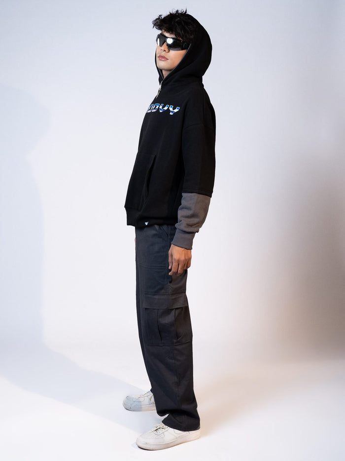 Black Colorblock Hoodie Male Model Side Angle – GROOVY Pakistan