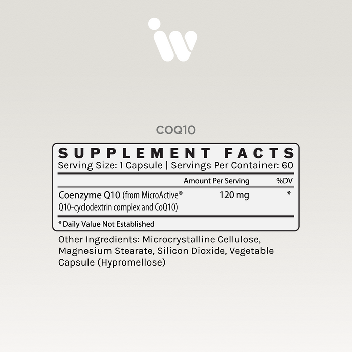 InfiniWell CoQ10 Supplement Facts panel showing serving size, 120 mg Coenzyme Q10, other ingredients, and 60 servings.