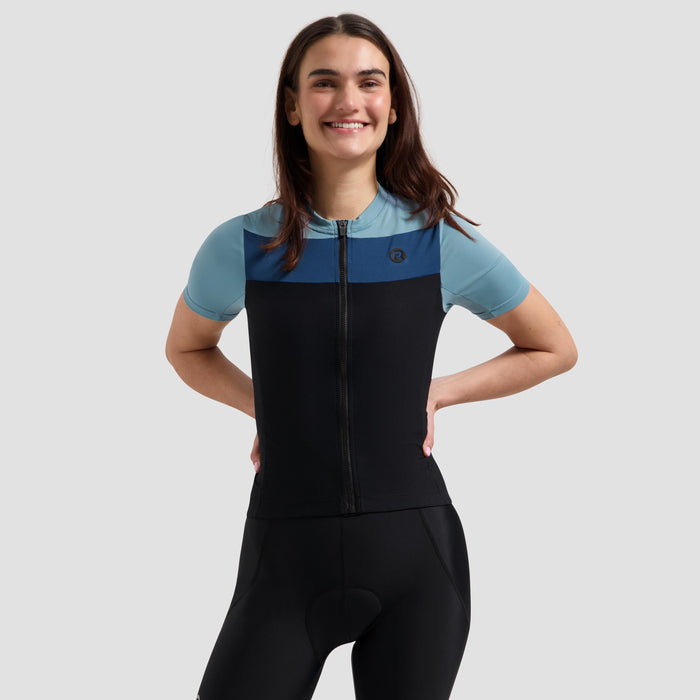 Rogelli Core Block fietsshirt dames blauw korte mouw gedragen voorkant.
