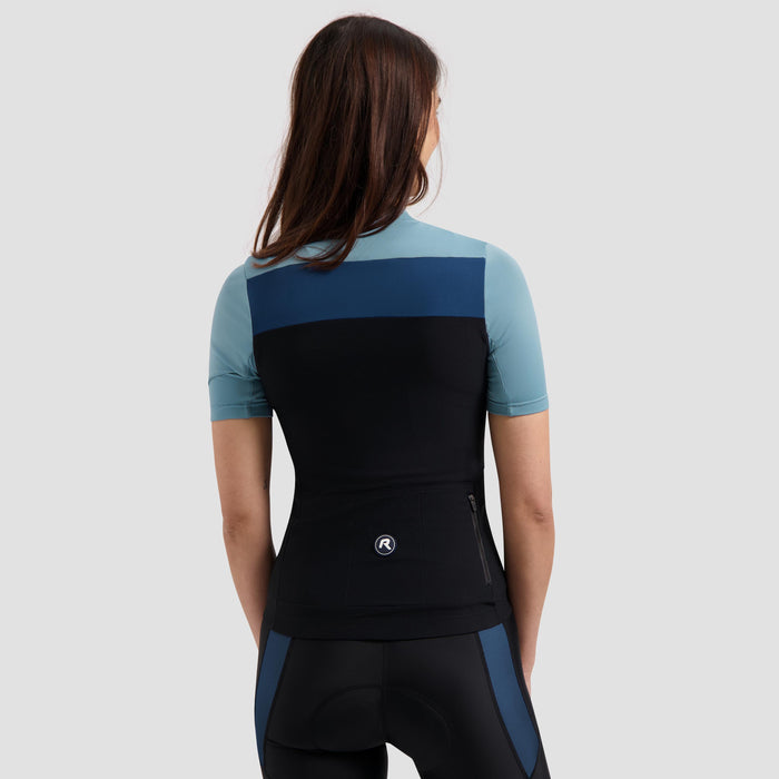 Rogelli Core Block fietsshirt dames blauw korte mouw gedragen achterkant.