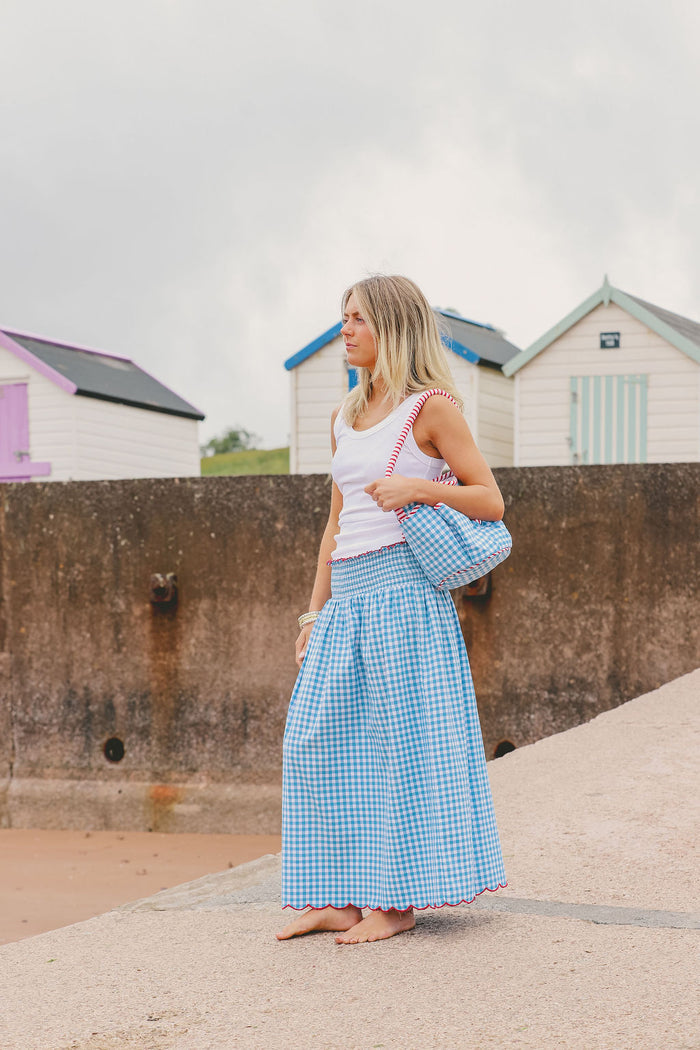 Cotton Gingham Skirt With Wide Elasticated Waist and Scalloped Hemline| Blue