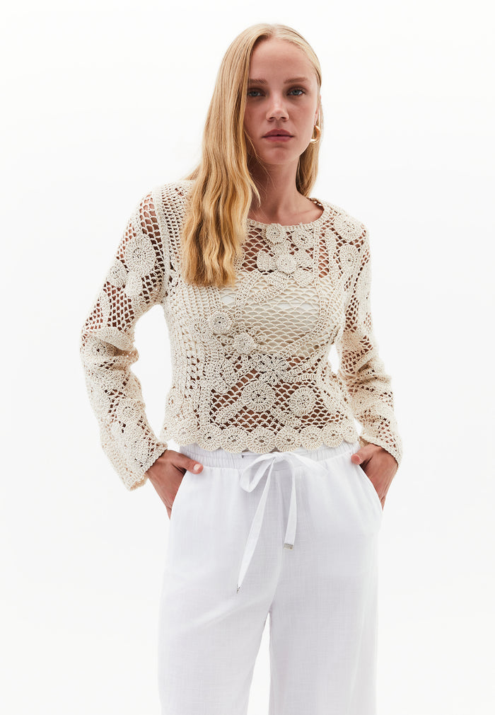 Cotton Long Sleeved Blouse - ALMOND MILK