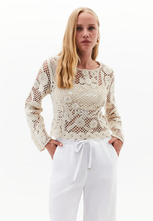 Cotton Long Sleeved Blouse - ALMOND MILK