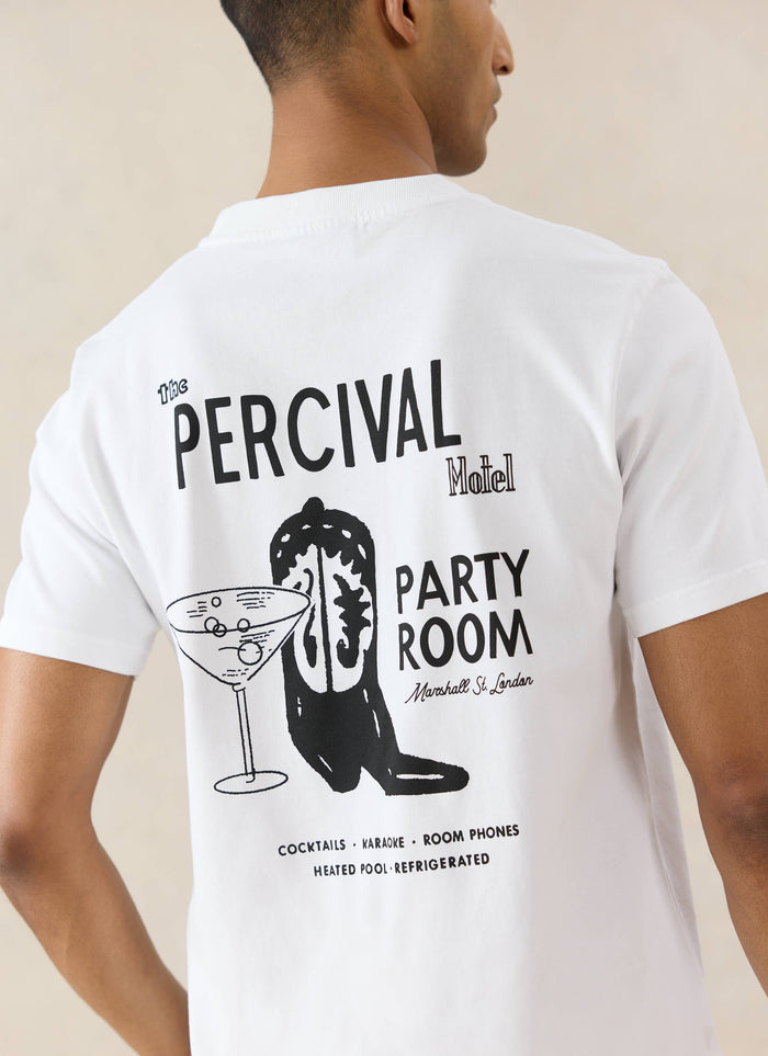 Percival Cowboy Boot T-shirt in white organic cotton, showing the Americana-inspired western back graphic.