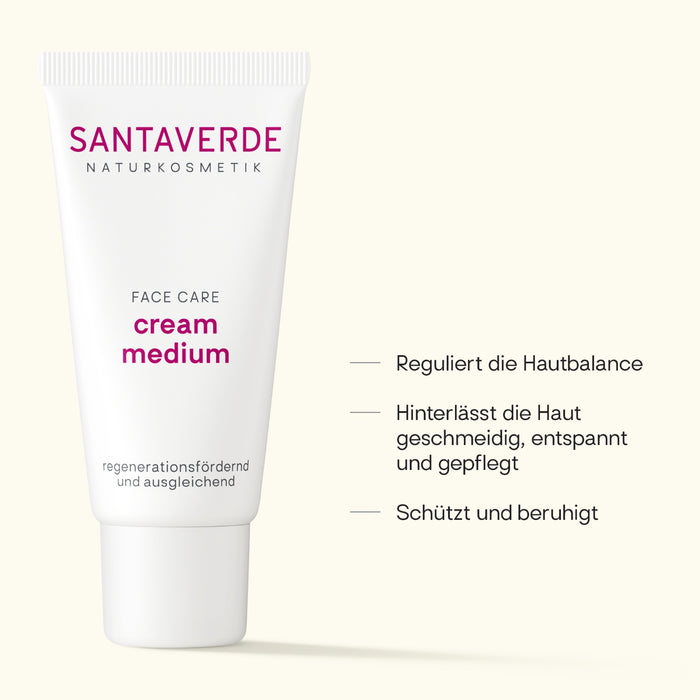 Santaverde Cream Medium – Naturkosmetik Gesichtscreme mit Aloe Vera, Produktdarstellung mit USPs und Anwendungsvorteilen auf hellem Hintergrund