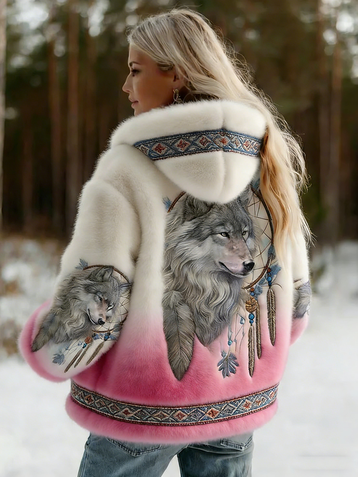 Dahlina - Veste Femme Douce À Capuche Imprimé Loup
