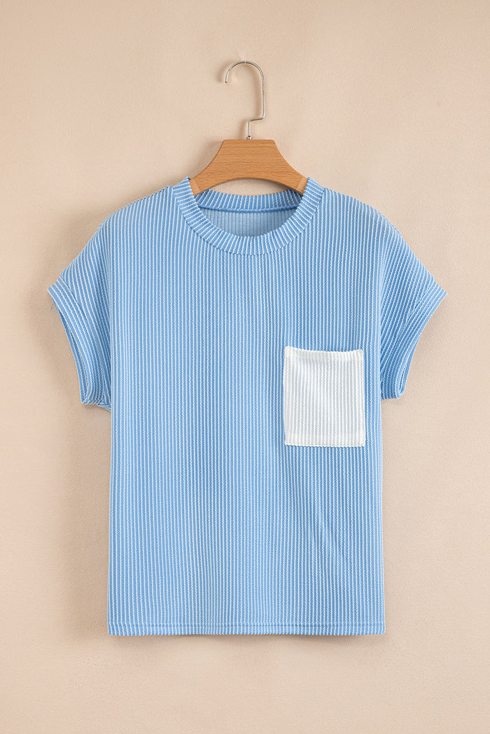 Dark Blue Ribbed Knit Colour Block Pocketed Crew Neck T Shirt - Tops/Tops & Tees
