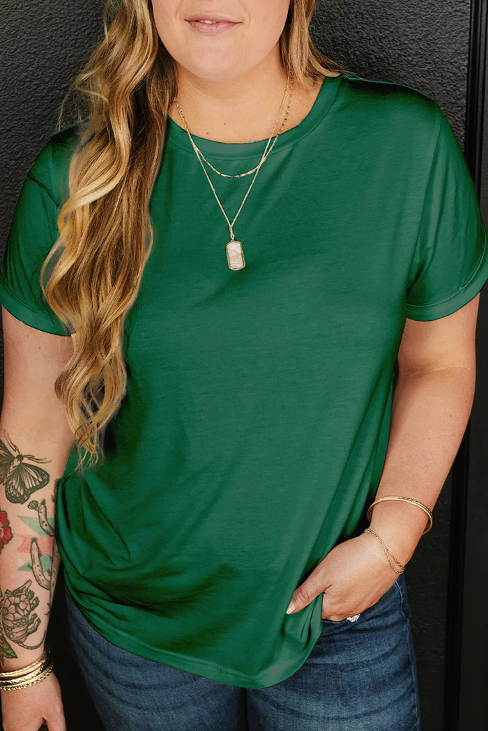 Dark Green Round Neck Rolled Sleeve Plus Size T-shirt - 1X / 65% Polyester + 30% Viscose + 5% Elastane - Size/Plus