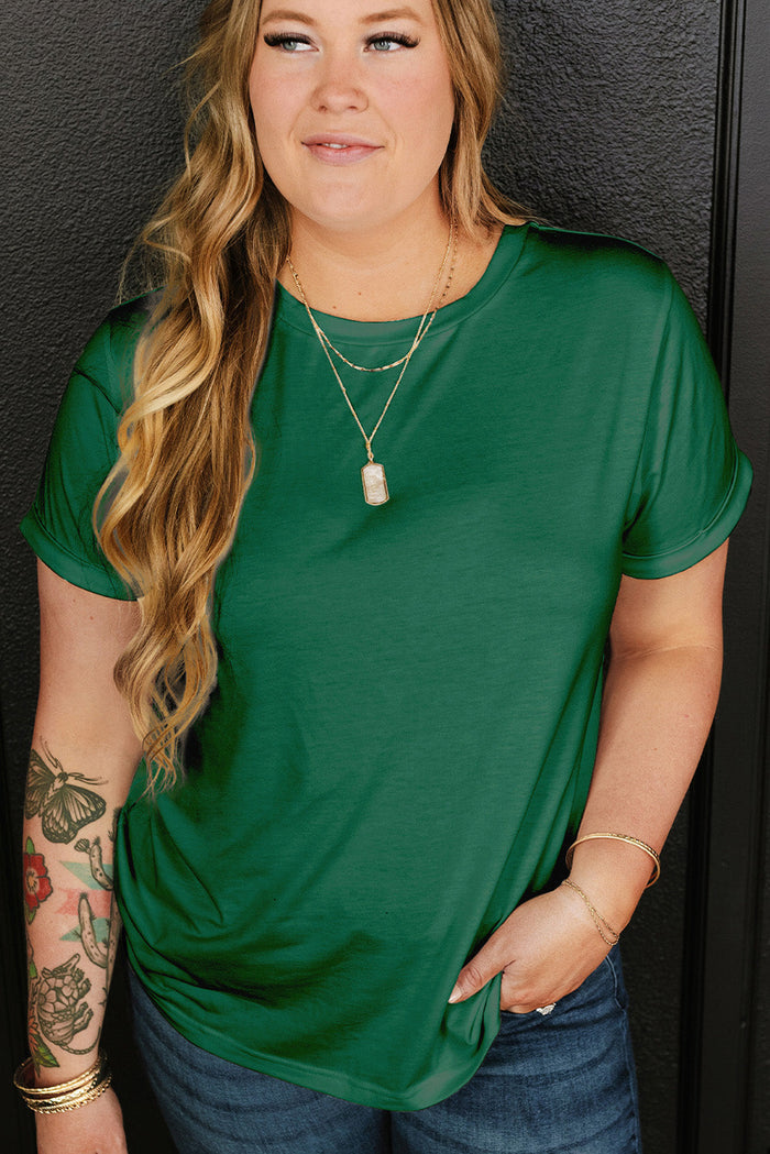 Dark Green Round Neck Rolled Sleeve Plus Size T-shirt - Size/Plus Tops/Plus Tops & Tees