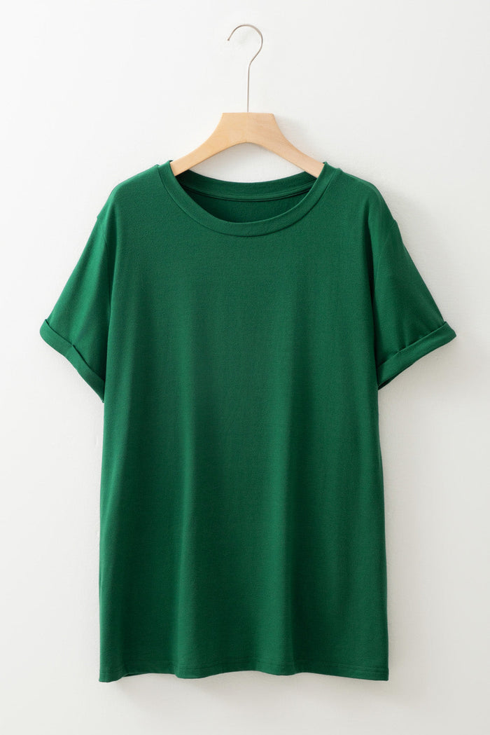 Dark Green Round Neck Rolled Sleeve Plus Size T-shirt - Size/Plus Tops/Plus Tops & Tees