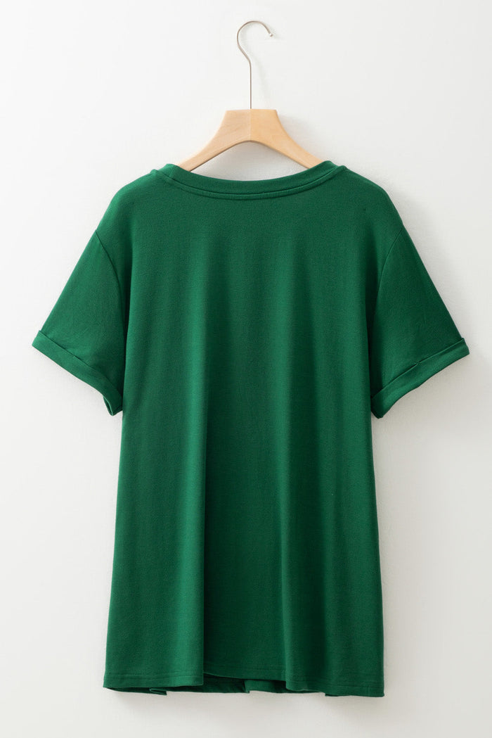 Dark Green Round Neck Rolled Sleeve Plus Size T-shirt - Size/Plus Tops/Plus Tops & Tees