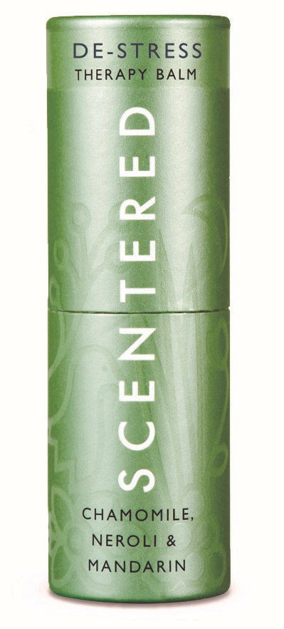 De-Stress Therapy Balm | Scentered in a green tube featuring calming chamomile, neroli, and mandarin for skincare and wellness, promoting relaxation and stress relief.
