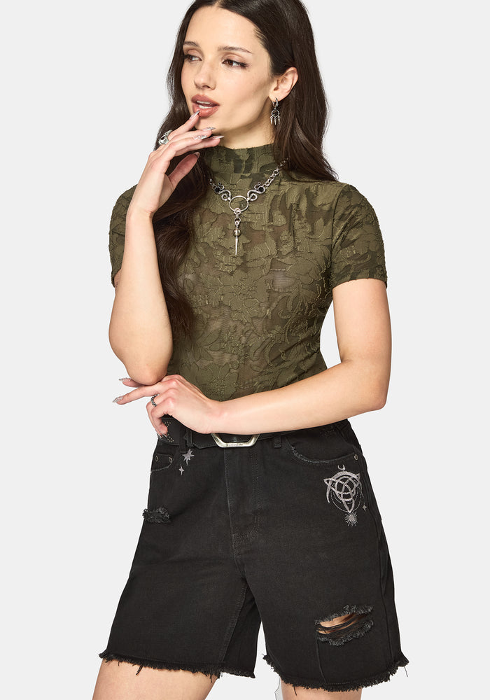 Demi Devore Short Sleeve Bodysuit - Khaki