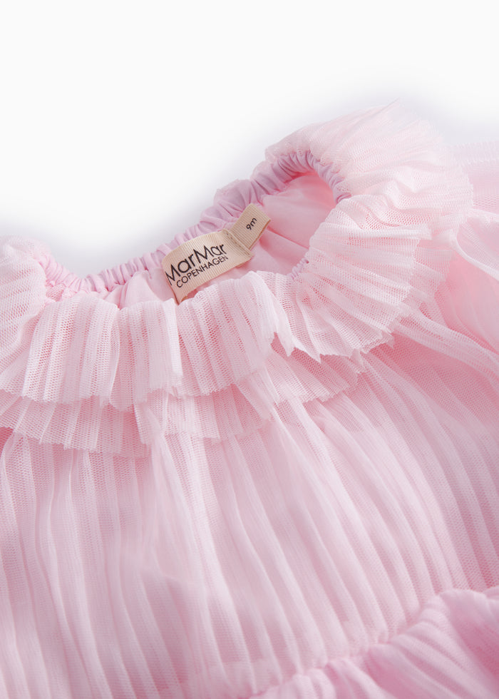 Red long-sleeved baby dress in pleated tulle with multiple layers.