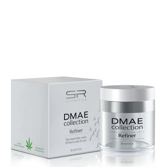 DMAE Refiner | SR Cosmetics in a white and silver jar with matching box, featuring skincare product details and hemp seed oil for a natural treatment.