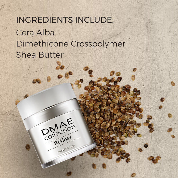 DMAE Refiner | SR Cosmetics jar displayed with scattered natural seeds on a textured beige background, highlighting key ingredients including Cera Alba, Dimethicone Crosspolymer, and Shea Butter for skincare.