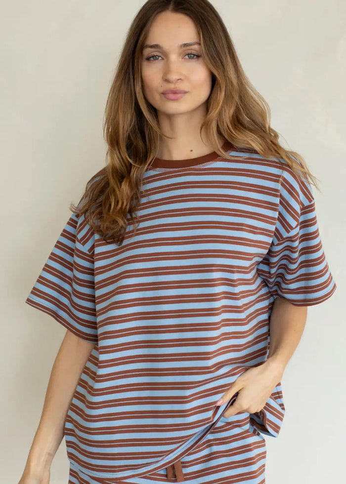 Double Stripe Oversized Tee - Brown & Light Blue