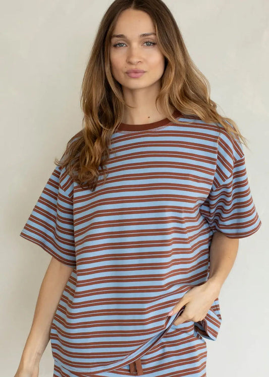 Double Stripe Oversized Tee - Brown & Light Blue