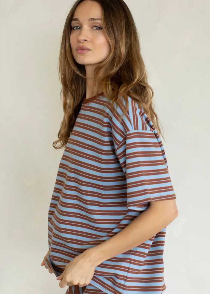 Double Stripe Oversized Tee - Brown & Light Blue