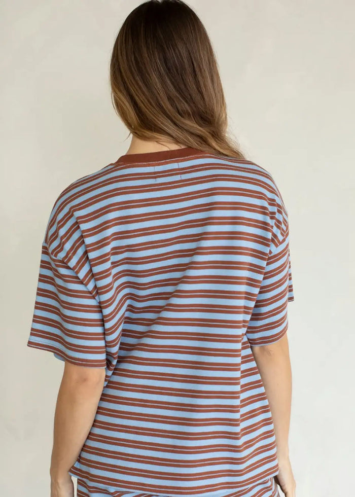 Double Stripe Oversized Tee - Brown & Light Blue