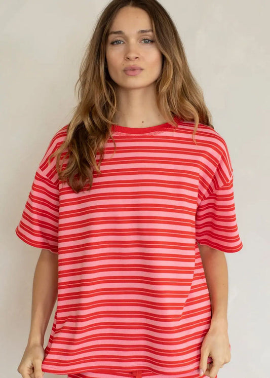 Double Stripe Oversized Tee - Red & Pink