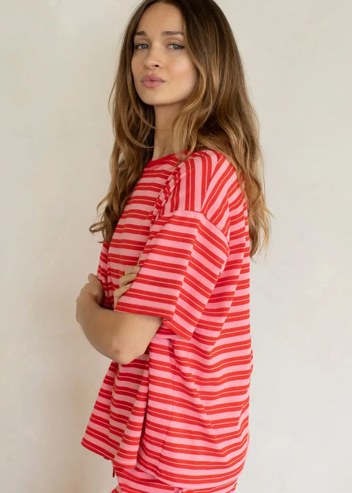 Double Stripe Oversized Tee - Red & Pink