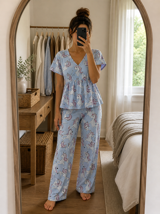 Dreamy Unicorn Premium Cotton Peplum Night Suit Set