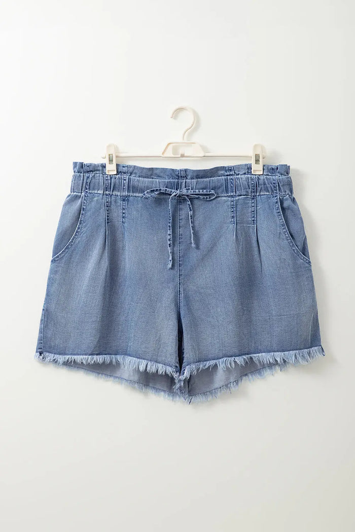 Dusk Blue Raw Hem Lace-up High Waist Plus Size Denim Shorts - Size/Plus Bottoms