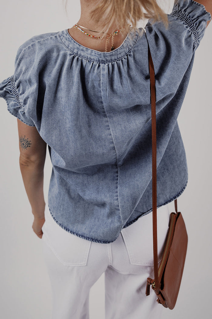 Dusk Blue V Neck Ruffled Short Puff Sleeve Denim Top - Tops/Tops & Tees