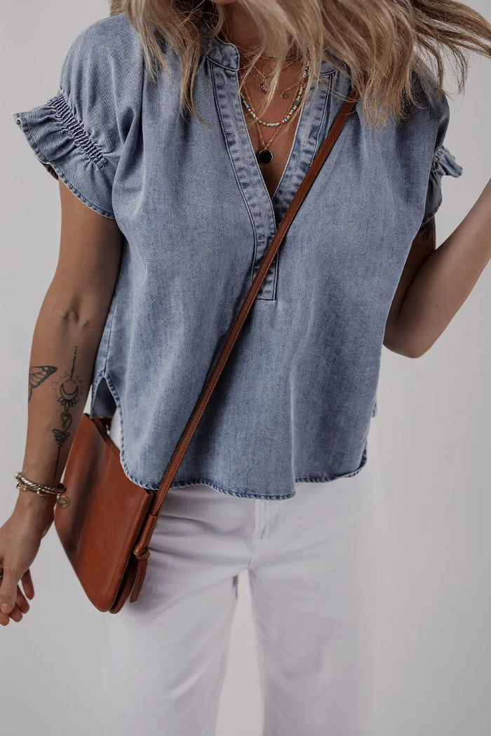 Dusk Blue V Neck Ruffled Short Puff Sleeve Denim Top - Tops/Tops & Tees