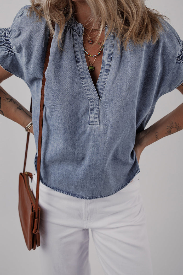 Dusk Blue V Neck Ruffled Short Puff Sleeve Denim Top - Tops/Tops & Tees